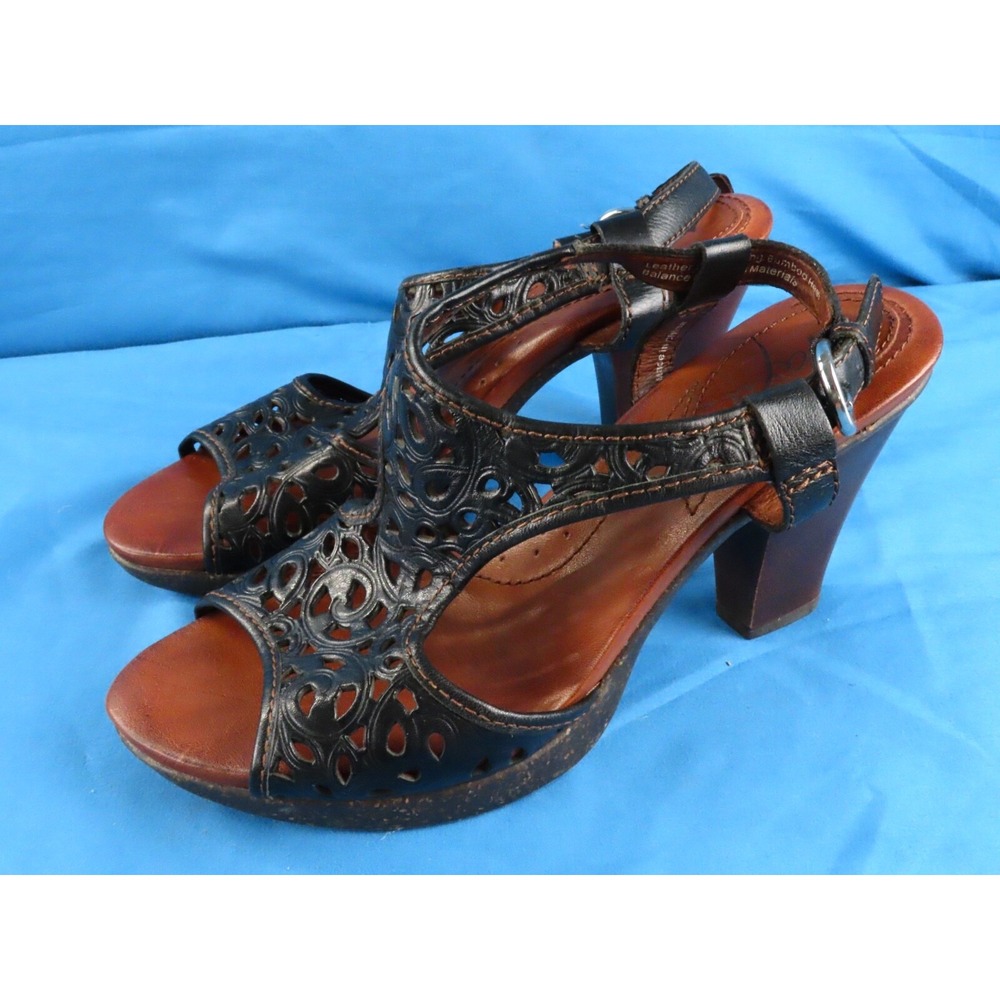 NAYA Anthropologie BLACK LASER CUT TOOLED LEATHER Slingback Heels Sandals 6.5 M